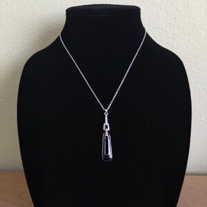 Silver Tone Necklace with Black Rhinestone Oblong Rectangular Pendant Modern